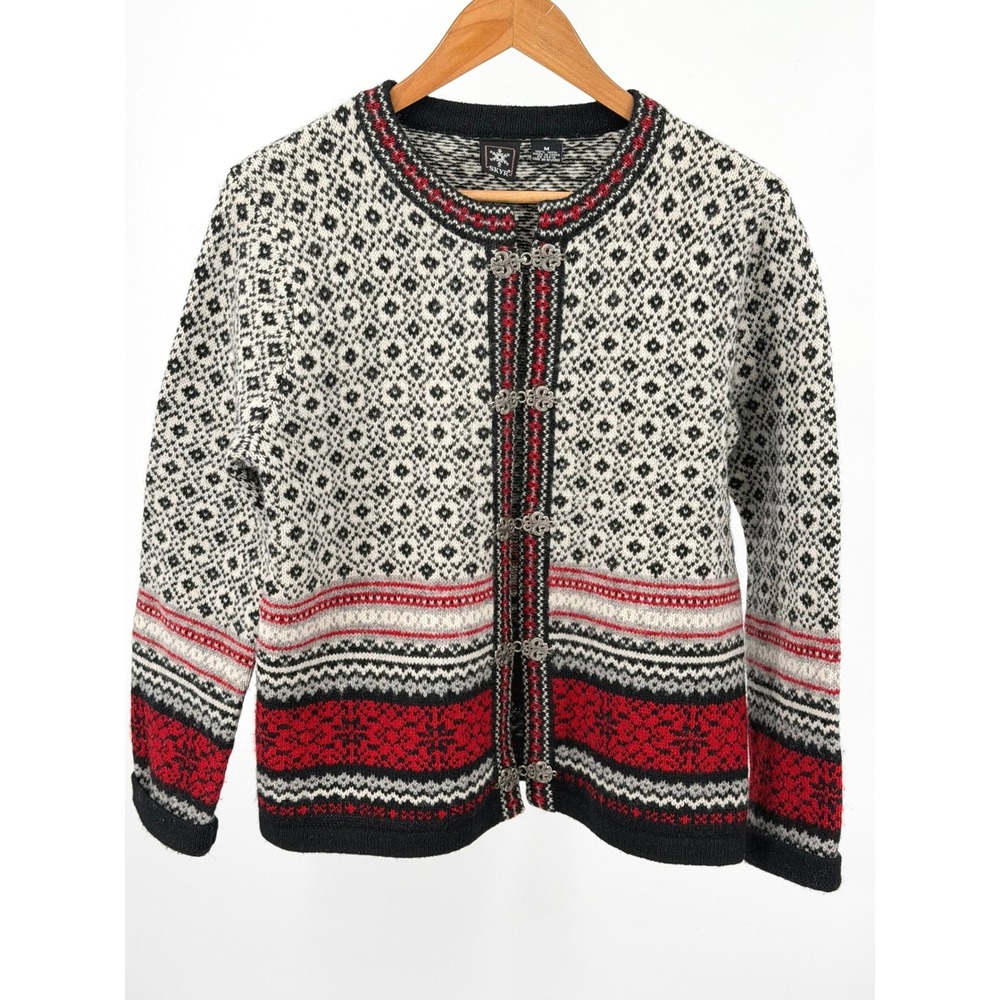 SKYR Womens M 100% Wool Nordic Fair Isle Cardigan Metal Clasps Black Red